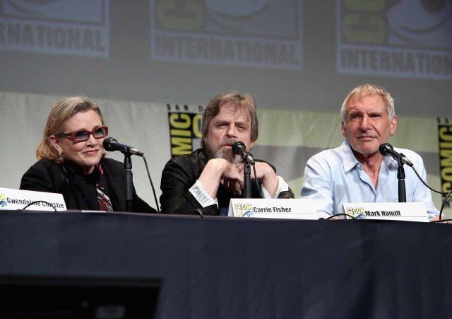 SAN DIEGO, CA - JULY 10:  (L-R) Actors Carrie Fisher, Mark Hamill and Harrison Ford at the Hall H Panel for `Star Wars: The Force Awakens` during Comic-Con International 2015 at the San Diego Convention Center on July 10, 2015 in San Diego, California.  (Photo by Jesse Grant/Getty Images for Disney) *** Local Caption *** Carrie Fisher; Mark Hamill; Harrison Ford